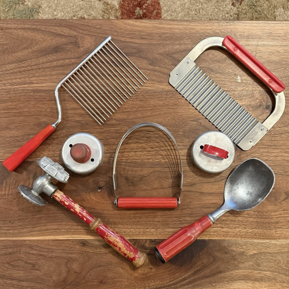 7pc VTG 50s Red Handle Kitchen Utensils Country Farmhouse Rustic Cooking Tools